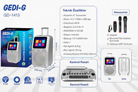 Ekranlı Taşınabilir Mikrofonlu Bluetooth Hoparlör YouTube Destekli, Işıklı, Tekerlekli Müzik Kutusu