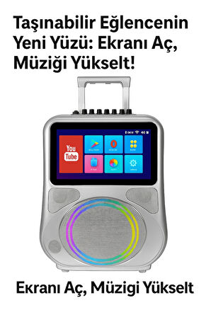 Ekranlı Taşınabilir Mikrofonlu Bluetooth Hoparlör YouTube Destekli, Işıklı, Tekerlekli Müzik Kutusu
