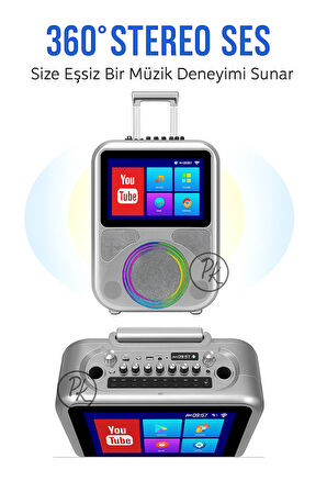 Ekranlı Taşınabilir Mikrofonlu Bluetooth Hoparlör YouTube Destekli, Işıklı, Tekerlekli Müzik Kutusu