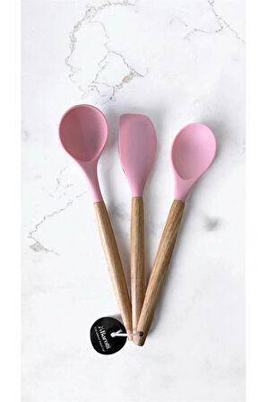 3 Lü Set Hakiki Bambu Saplı Silikon Kaşık Kepçe Spatula Seti