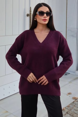 V Yaka Oversize Triko Kazak — Bordo
