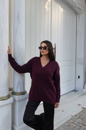 V Yaka Oversize Triko Kazak — Bordo