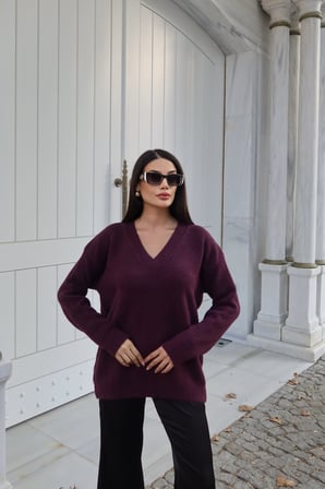 V Yaka Oversize Triko Kazak — Bordo