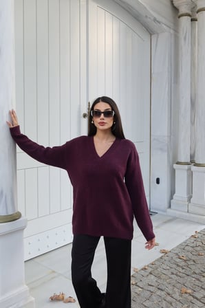V Yaka Oversize Triko Kazak — Bordo