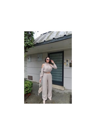 Tensel Kumaş Kadın, Cold Shoulder Bluz ve Geniş Paça Pantolon, Uzun Kollu İki Parça Set