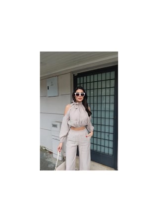 Tensel Kumaş Kadın, Cold Shoulder Bluz ve Geniş Paça Pantolon, Uzun Kollu İki Parça Set