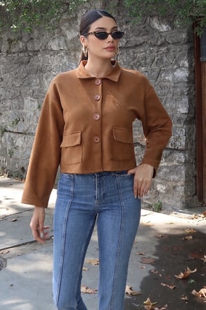 Süet Kumaş Düğmeli Cepli Ceket Taba