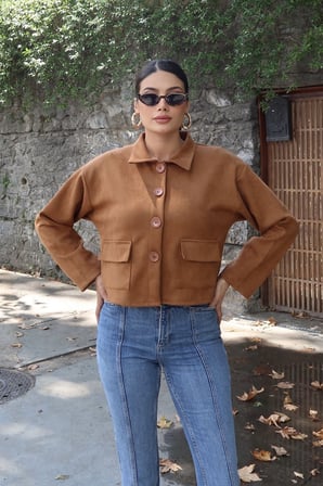 Süet Kumaş Düğmeli Cepli Ceket Taba