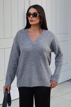 V Yaka Oversize Triko Kazak — Gri