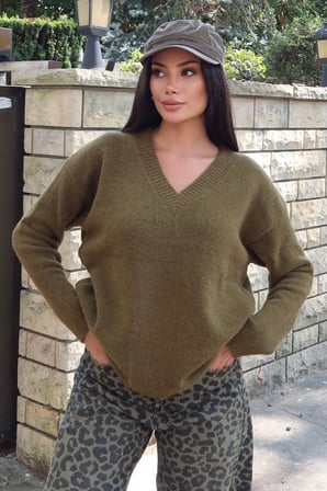 V Yaka Oversize Triko Kazak — Yeşil