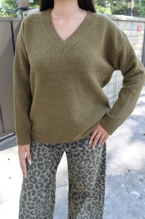 V Yaka Oversize Triko Kazak — Yeşil