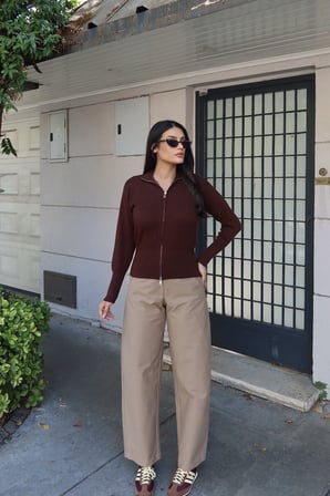 Fitilli Triko Dik Yaka Fermuarlı Hırka — Kahverengi