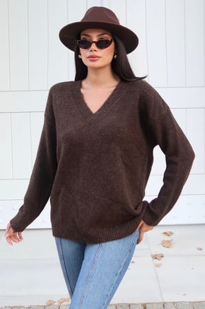 V Yaka Oversize Triko Kazak — Kahverengi