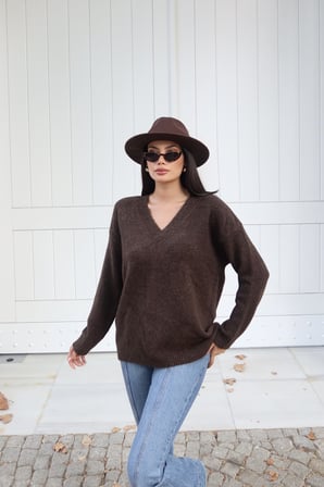 V Yaka Oversize Triko Kazak — Kahverengi