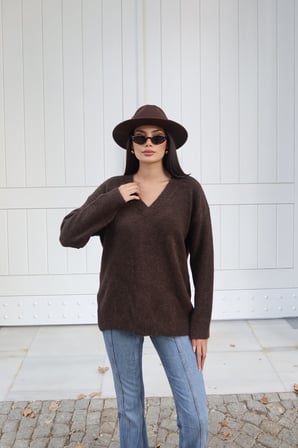 V Yaka Oversize Triko Kazak — Kahverengi