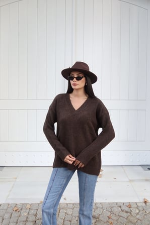 V Yaka Oversize Triko Kazak — Kahverengi