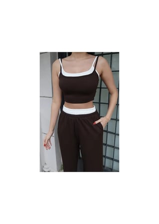 Modal Kumaş Askılı İkili Takım, Crop Top ve Pantolon Seti, Beyaz Şeritli Detaylı