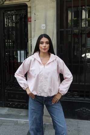 Kareli Kumaş Astarlı Kapşonlu Ceket Pembe