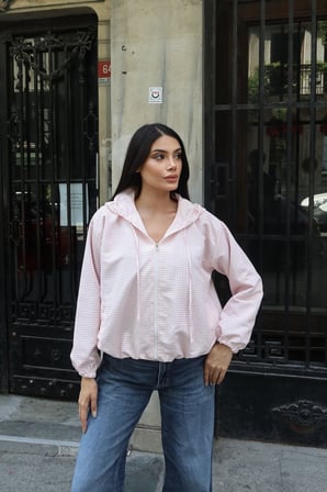 Kareli Kumaş Astarlı Kapşonlu Ceket Pembe