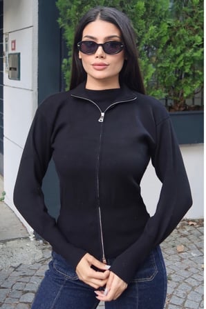 Fitilli Triko Dik Yaka Fermuarlı Hırka — Siyah