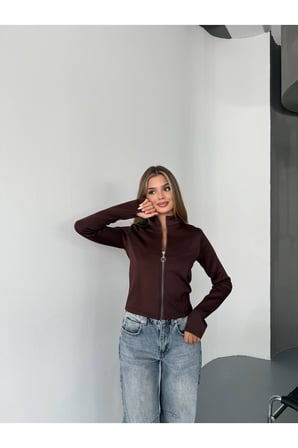 Dalgıç Kumaş Cepli Fermuarlı Parmak Geçmeli Crop Kahve