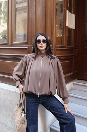 Linda Twill Kumaş Çift Fermuarlı Astarlı Ceket Camel