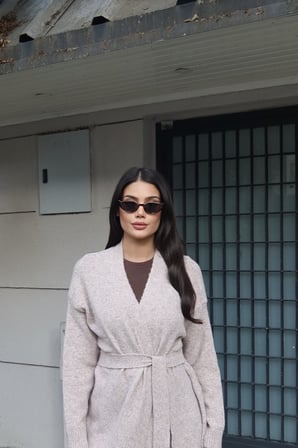 Triko Kuşaklı Uzun Hırka Bej