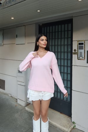 V Yaka Oversize Triko Kazak — Pembe