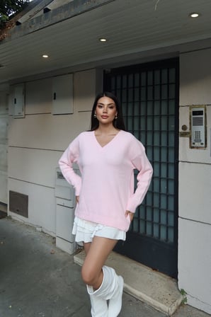 V Yaka Oversize Triko Kazak — Pembe