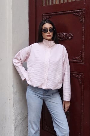 Kareli Kumaş Astarlı Fermuarlı Bomber Ceket Pembe