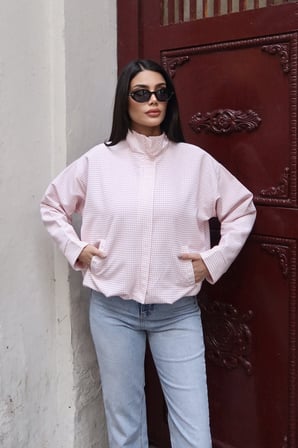 Kareli Kumaş Astarlı Fermuarlı Bomber Ceket Pembe
