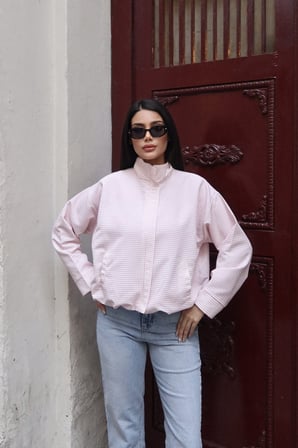 Kareli Kumaş Astarlı Fermuarlı Bomber Ceket Pembe