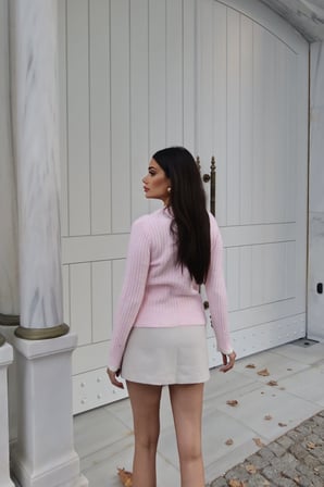 Fitilli Triko Düğmeli Kontrast Biyeli Kazak — Pembe