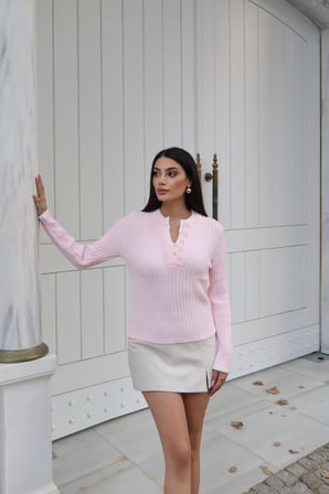 Fitilli Triko Düğmeli Kontrast Biyeli Kazak — Pembe