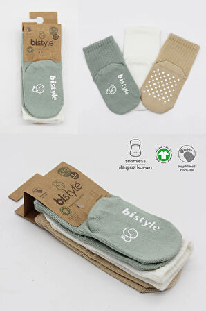 Bistyle Basic Kaymaz Penye Soket Çorap 3'Lü BS10106 Nil Ekru Bej