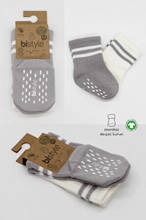 Bistyle Çemberli Kaymaz Soket Çorap 2'Li BS10125 Gri Ekru