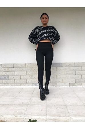 Kadın Siyah Çelik Örme Tayt