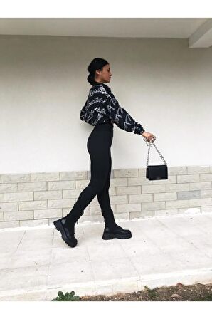 Kadın Siyah Çelik Örme Tayt