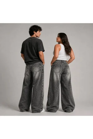 ESKİTME FÜME YIKAMALI UNİSEX BÜYÜK BEDEN BAGGY JEAN PANTOLON