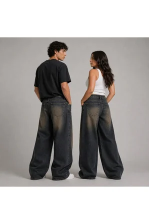 ESKİTME FÜME YIKAMALI UNİSEX BÜYÜK BEDEN BAGGY JEAN PANTOLON