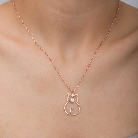 925 Ayar Gümüş Nisan Ayı Doğum Taşı Kedi Kadın Kolye