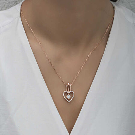 925 Ayar Gümüş Kalpli Tek Taş Kadın Gümüş Kolye