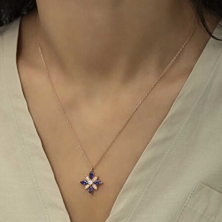 925 Ayar Gümüş Mor Taşlı Umut Çiçeği Gümüş Kolye