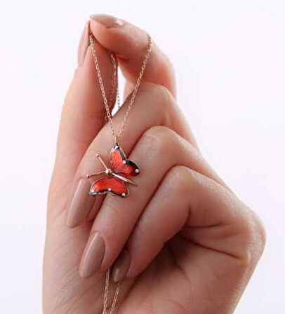 925 Ayar Gümüş Kırmızı Kelebek Kadın Gümüş Kolye