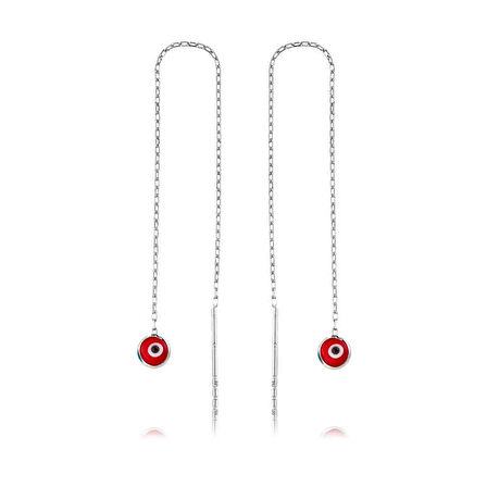 925 Ayar Gümüş Zincirli Kırmızı Nazar Küpe