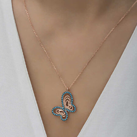 925 Ayar Gümüş Turkuaz Taşlı Kelebek Kadın Gümüş Kolye