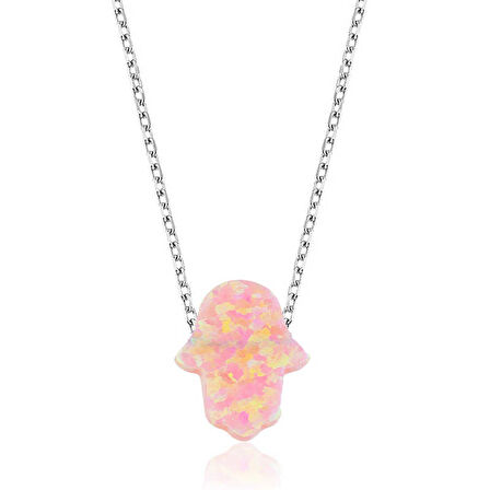 925 Ayar Gümüş Pembe Opal Fatma Ana Eli Kadın Gümüş Kolye