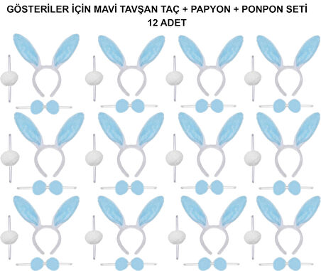 Mavi Tavşan Kostüm Seti – Taç, Papyon, Ponpon (12’li Paket)