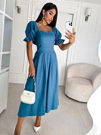 Buyers Butik Kadın Kısa Kollu Kare Yaka Midi Boy Trikoton Kumaş Elbise