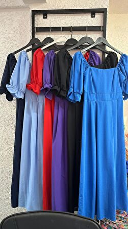 Buyers Butik Kadın Kısa Kollu Kare Yaka Midi Boy Trikoton Kumaş Elbise